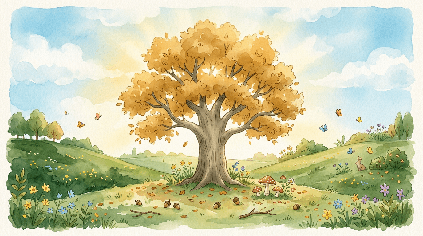 Warm watercolor illustration of oak tree with acorns in Erie PA